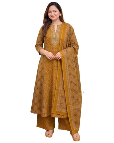 Image of GoSriKi Kurta Sets for Women Viscose Blend Printed | Kurti Set for Woman | Kurta Palazzo Dupatta Set | A Line Kurti | Mandarin Collar 3 /4 Sleeve Suit Set for Women Stylish Ethnic Outfit