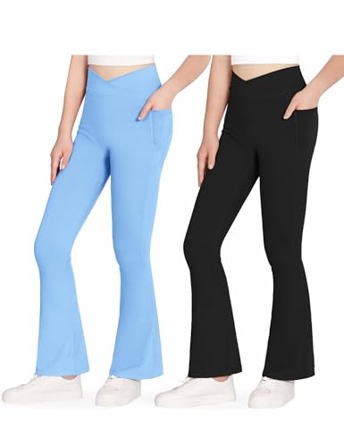 JOCMIC 2 Pacs Girls Flare Leggings Black and Blue 11-12 Years