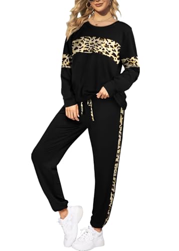 Leopard Sweatsuits Women 2 Piece Sets Fall Casual Crew neck Long Sleeve Tops pants Sexy Tracksuit with Pockets