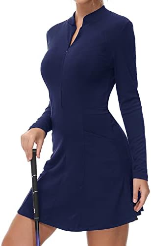 RIVABETH Women's Golf Tennis Dress with Pockets Long Sleeve Moisture Wicking Sports Athletic Dress with Shorts Blue