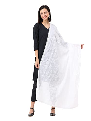 Petrichor Women's Fashion Designer Embroidered 100% COTTON Dupatta Scarf for Women/Girls (Length: 2.2 meters, Colour : White)