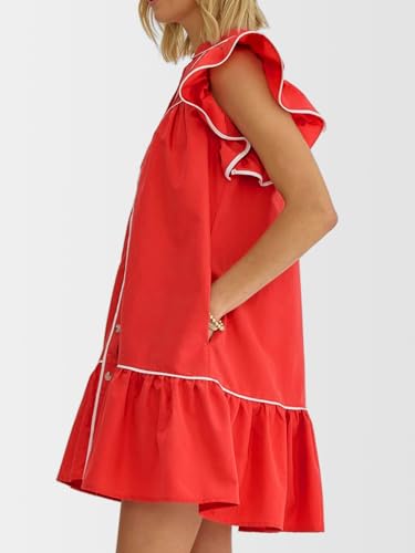 HOULENGS Women's Summer Ruffle Cap Sleeve Flowy Short Dresses Button Down V Neck A Line Babydoll Mini Dress with Pockets4