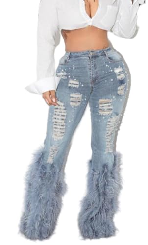 Faux-Fur Ripped Beaded Stretch Skinny Denim Jeans Pants2