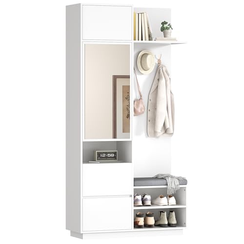 HaoChrymec Mueble Recibidor con MDF, Recibidor Multifunción con Espejo y Banco, Armario Zapatero con Cajones y Ganchos, Mueble De Entrada para Recibidor y Pasillo, Blanco, 90 x 34.5 x 190 cm