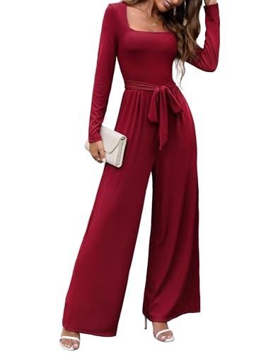 LOOKBOHO Womens Jumpsuit Dressy Square Neck Long Sleeve Belted Wide