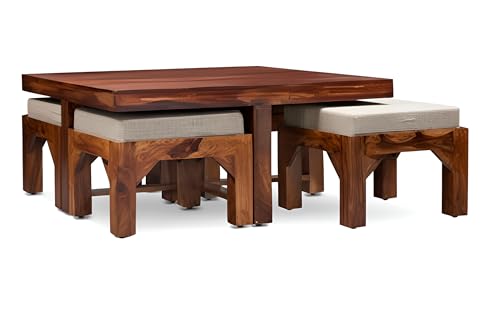 Image of Loonart Solid Sheesham Wood Coffee Table with Four Cushioned Stools | Idel for Living Room | Cafe | Restaurant | Space Saving Indoor Table Set | Finish Color - Honey Teak Finish | White Cushion |