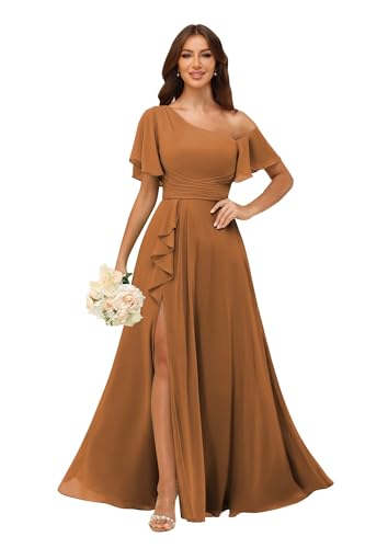 Image of One Shoulder Bridesmaid Dresses for Women with Pockets Short Sleeve Ruffled Chiffon Formal Evening Gowns