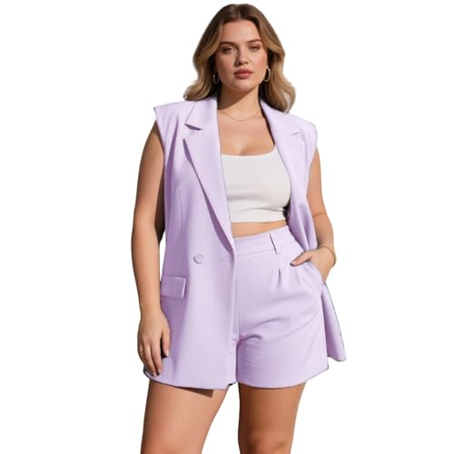 Plus Size 2 Piece Outfits Summer Womens Sleeveless Blazer Vest Shorts Set Wedding Office Workout2