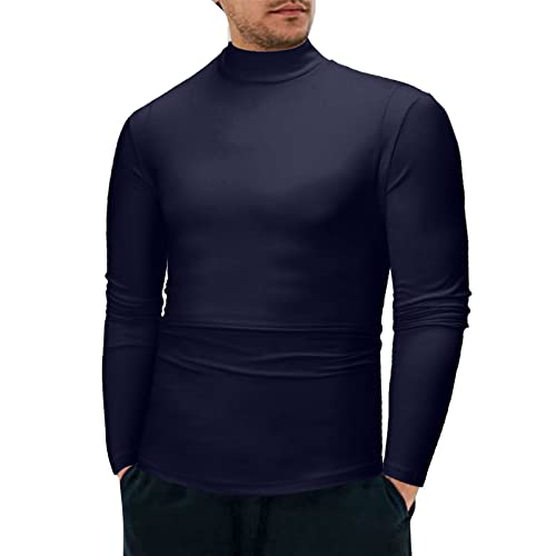 Generisch Jersey de cuello alto para hombre, manga larga, de punto fino, corte ajustado, básico, para invierno, tiempo libre, camiseta interior térmica monocolor, O Navy, XXL