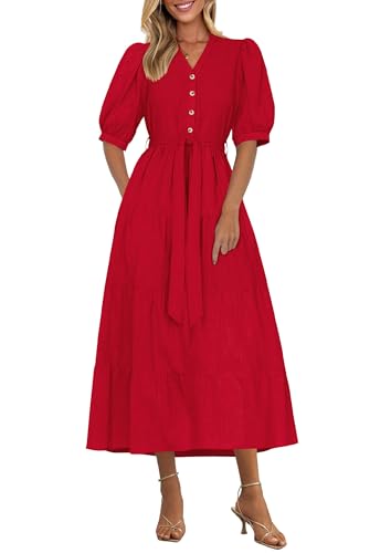 PRETTYGARDEN Summer Dresses for Women 2025 Elegant Classy Short Sleeve V Neck Ruffle A Line Belted Long Beach Vacation Dress (Red,Medium)