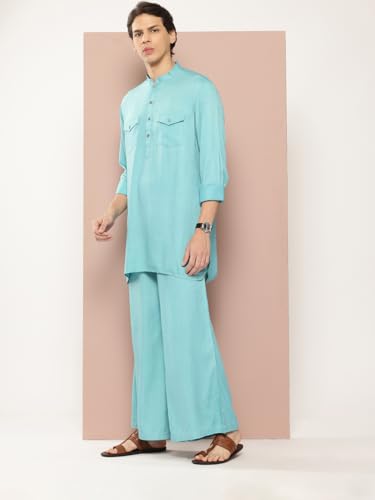 Image of See Designs Men's Long Sleeve Curved Hem Mandarin Collar Rayon Solid Pathani Sets