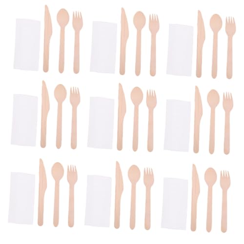 Healeved 50pc Disposable Dinnerware Wooden Knife Fork Spoon Paper Towel Dinnerware Kit for Hotel Cafe Banquet Party
