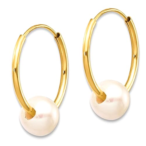14k Real Yellow Gold 5.5 mm White Round Freshwater Cultured Pearl Endless Hoop Earrings2