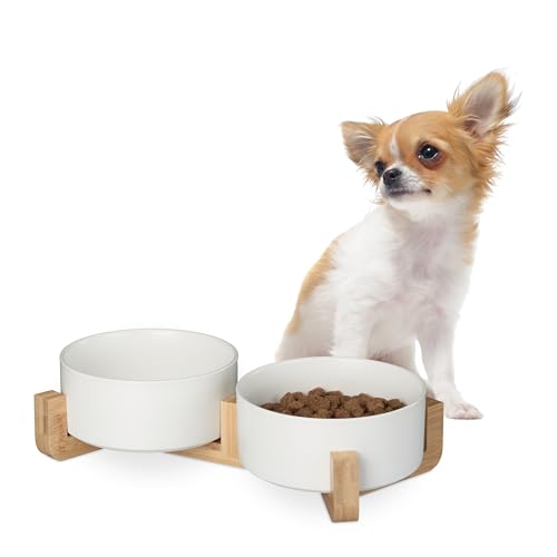 Relaxdays Hunde Napfbar Keramik, 850 ml, Futter & Wasser, Futternapf mit Bambus-Gestell, HxBxT: 9 x 32 x 17 cm, weiß