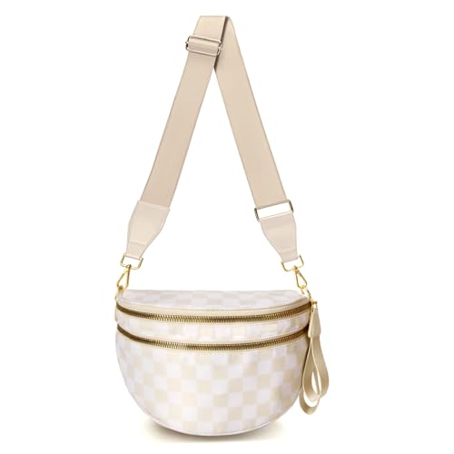 Image of WOOMADA Checkered Crossbody Bag Bum Bag for Women, Fanny Pack Checkered Purse, Belt Bag with Shoulder Strap(Ivory Checkerboard)