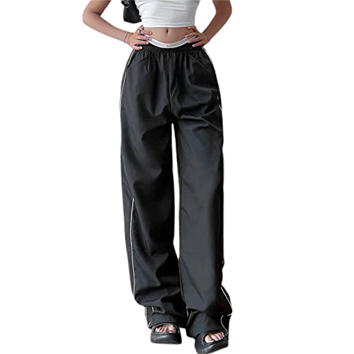 Womens Y2k Baggy Cargo Trousers Casual Elastic Waist Wide Leg Joggers Solid Color Track Pant with Pockets Streetwear2