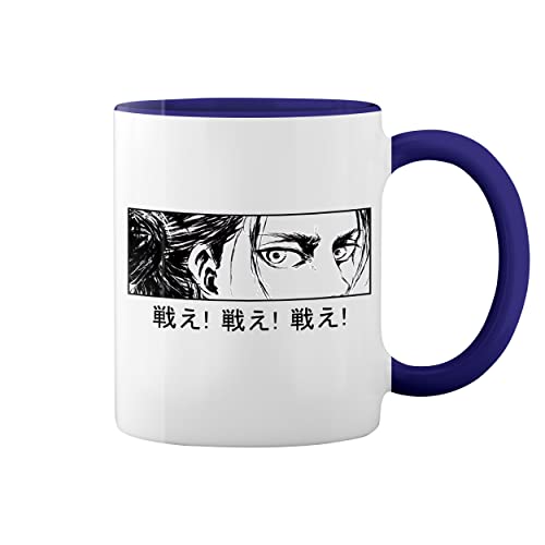 GR8Shop Attack On Season 4 Eren Tatakae Blanca taza de café con el borde azul y la manija Mug