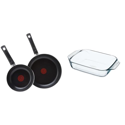 Tefal Taste Twin Pack, Aluminium Frying Pans, Pan Set, Pans 20 cm and 28 cm diameter, Non-Stick, Black, Pack of 2, B189S244 & Pyrex Optimum Glass Rectangular Roaster High Resistance Easy Grip 31x20 cm
