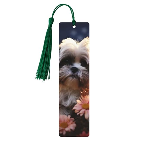 しおり 木製しおり 穴とタッセル付き 木製タグ シーズー 犬と花 木製クラフト しおり ヴィンテージ しおり オーナメント 木製ブックマーク 女性用 男性 本好きの方 ギフト ダークグリーン