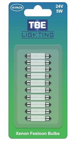 TBE LIGHTING Replacement Festoon Bulbs, PACK OF 10 Xenon lights 242 C5W Bulb for Lorry Number Plates and Interior Truck Lights. Clear glass finish, Warm White colour- 24v / 5w / Dimmable 11mm x 41mm