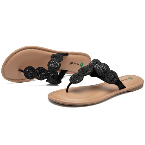 Image of Ataiwee Women's Bohemian Bling Flat Slide Sandals - Casual Summer Thong Sandals with Rhinestone Decor, Rubber Sole, Lightweight & Comfortable for Casual Attire Strappy Sandals.