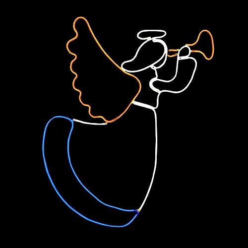 LED Neon Rope Light Angel Blowing Horn Motif - Lighted Silhouette - Cool White, Blue, and Yellow - 28 Inch