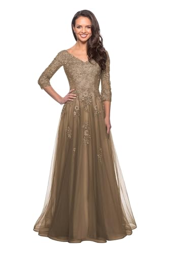 Miao Duo Women's Floral Lace Appliques 3/4 Sleeve Mother of The Bride Dresses Long V Neck Formal Dresses with Pockets YZTS028