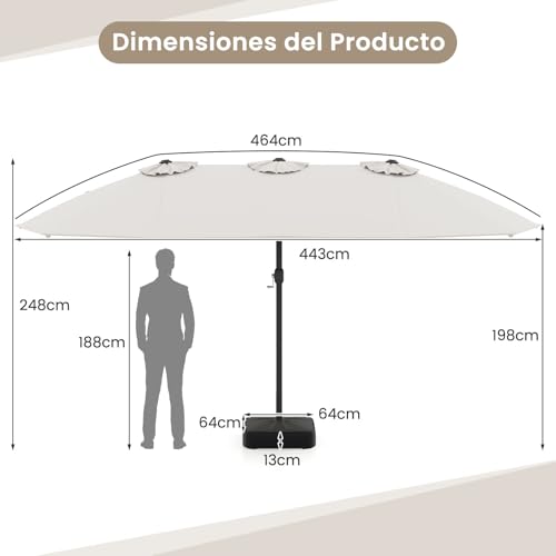 Parasol doble exterior de 443x265 cm con manivela superior ventilada y base 5