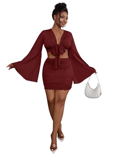 Image of LYANER Women 2 Piece Vacation Outfits Tie Knot Front Bell Long Sleeve Crop Top and Mini Skirt Summer Set