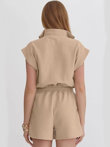Image of Rompers for Women Summer Short Sleeve Half Zip Lapel Collar Jumpsuit Casual Drawstring One Piece Outfits with Pockets