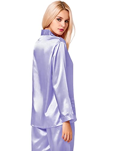 Image of SWOMOG Long Sleeve Pajamas Set Silk Satin Sleepwear Button Down Pjs Loungewear with Pocket