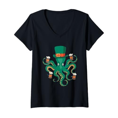 Mujer Divertido día de San Patricio doble puño dos veces pulpo irlandés Camiseta Cuello V