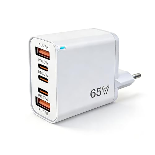 EU Travel Adapter Charger, 65W Power Plug with Multiple Ports, Supports Simultaneous Fast Charging for 2 Devices, with 3 USB-C and 2 USB-A Ports, European Wall Plug, for iPhone/Samsung Fast Charging