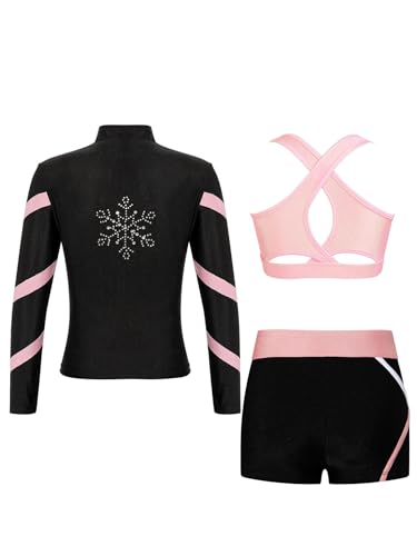 Hansber Kids Girls 3Pcs Dance Sports Outfits Crop Top Booty Shorts with Long Sleeve Jacket Gymnastics Yoga Active Set2