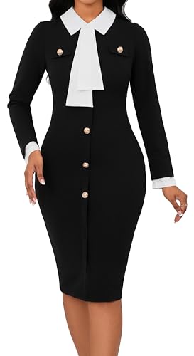 Women Work Dress Bodycon Long Sleeve Church Dresses Round Neck Button Down Business Black Pencil Dresses with Big Tie