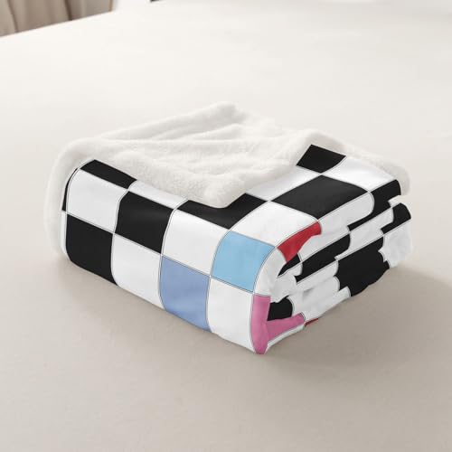 Image of Erosebridal Black White Checkered Kids Fleece Bed Blanket 40 inchX50 inch Colorful Checkerboard Grid Throw Blanket Funky Plaid Sherpa Blanket for Boys Girls Groovy Gingham Fuzzy Blanket for Couch
