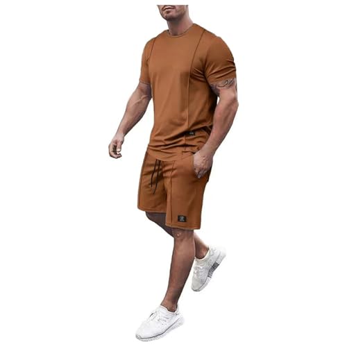 Generisch Chándal para hombre, camiseta con pantalones cortos, monocolor, 2 piezas, juego de chándal con bolsillos, camiseta informal y pantalones cortos, traje deportivo de dos piezas, traje
