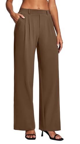 Heathyoga Womens Dress Pants Pull On Wide Leg Stretchy Work Pants Women Business Casual Outfits Slacks for Women Trousers Chocolate Brown