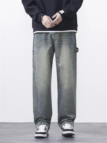 Men's Personalized Splicing Vintage Jeans, Korean Fashion, Straight Casual Cargo Pants, Denim2