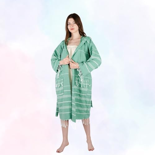Striped Robe for Beach, Pool, Spa, Bath, Organic Cotton Kimono Robe, Beach Cover Up (US, Alpha, One Size, Regular, Short, Small & Medium, Green Grass Striped)3