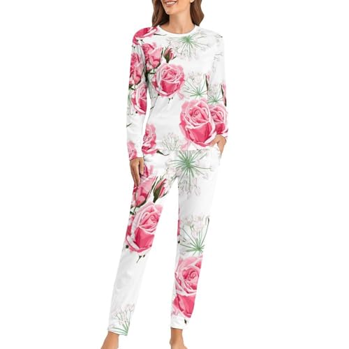 Pyjama femme rose aquarelle sleepwear t-shirt manches longues pantalon de nuit
