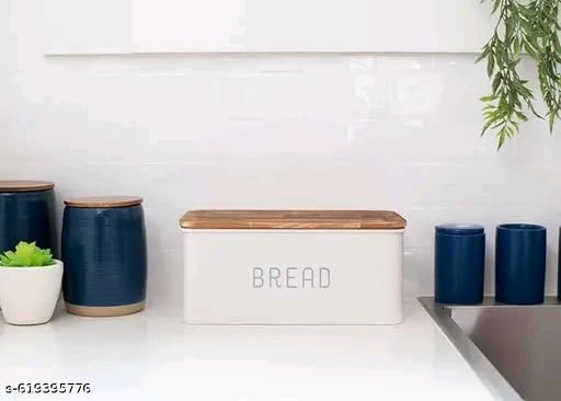 Image of Metal Bread Box Set | Airtight Bread Storange Box For Kitchen Bread Dispenser Food Grade Storage Box with Wooden Lid - 4 litre