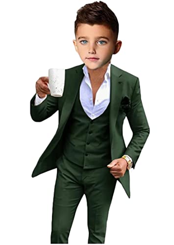 3 Pc Boy Suit Per Wedding Peak Risvolto Fiore Ragazzo Abiti Slim Fit Formale Ragazzi Smoking Ragazzi Del Partito Vestito, Dark Green, 16 Anni-image