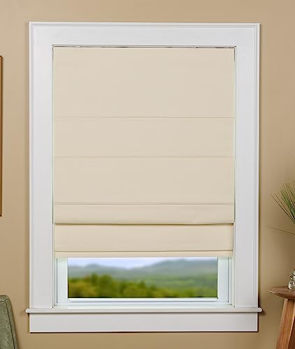 Green Mountain Vista Cotton Blend Fabric Blackout Cordless Roman Shade - Color: Ivory - Room Darkening Roman Shade for Windows - Thermal Backed Insulated Roman Shade (36