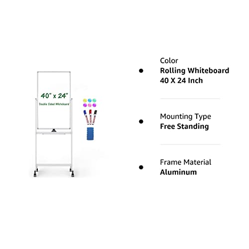 Mobile Whiteboard, 40 X 24 Inch Magnetic Rolling White Board With Stand, 360° Reversible Double Sided Writing Dry Erase Board On Wheels Easel Standing Marker Board With Tray For Office Classroom Home #TOP7