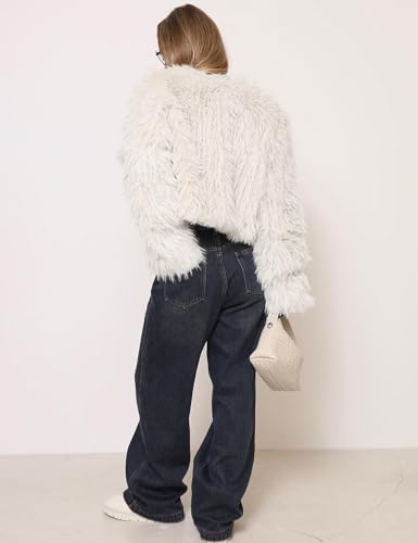 Flygo Women Faux Fur Coat Fluffy Long Sleeve Open Front Cropped Furry Jacket Shaggy 2025 Warm Winter Outwear with Pockets4