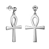 Mens Ankh Cross Stud Earrings 18K White Gold Over 925 Sterling Silver Egyptian Ankh Drop Earrings Go