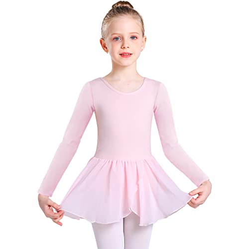 Monbessi Ballettkleidung Mädchen Langarm Ballettkleid Baumwolle Kinder Tanzkleid Ballettanzug Ballett Trikot mit Rock Tütü(100, Rosa)