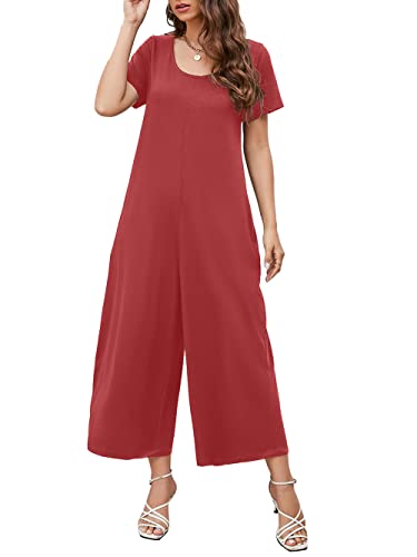 Qnasey Women's Summer Loose Crewneck Jumpsuits Short Sleeve Solid Color Rompers Loungewear With Pockets Large Pink #TOP1