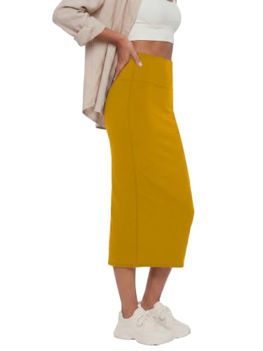 Image of Rooscier Women's High Waisted Pencil Midi Skirt | Stretchy Bodycon Knee Length Skirts with Back Slit